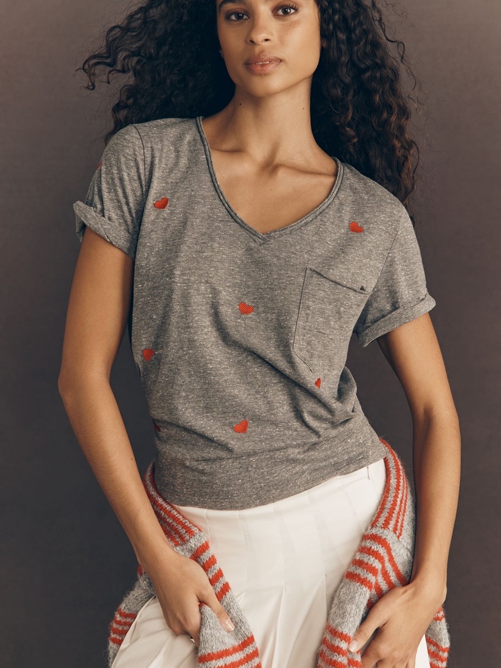 NWOT Pilcro Anthropologie Quinn Embroidered Heart Tee- Grey